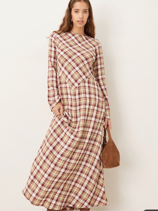 ASOS Dresses & Skirts - Plaid Long Sleeve Maxi Dress in Burgundy and Cream